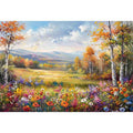 Autumn meadow landscape canvas art with wildflowers and mountains for elegant living room decor