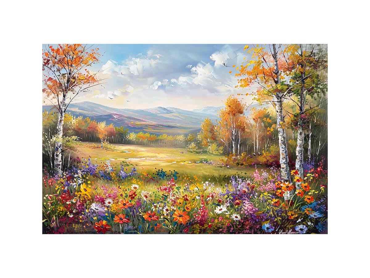 Autumn meadow landscape canvas art with wildflowers and mountains for elegant living room decor