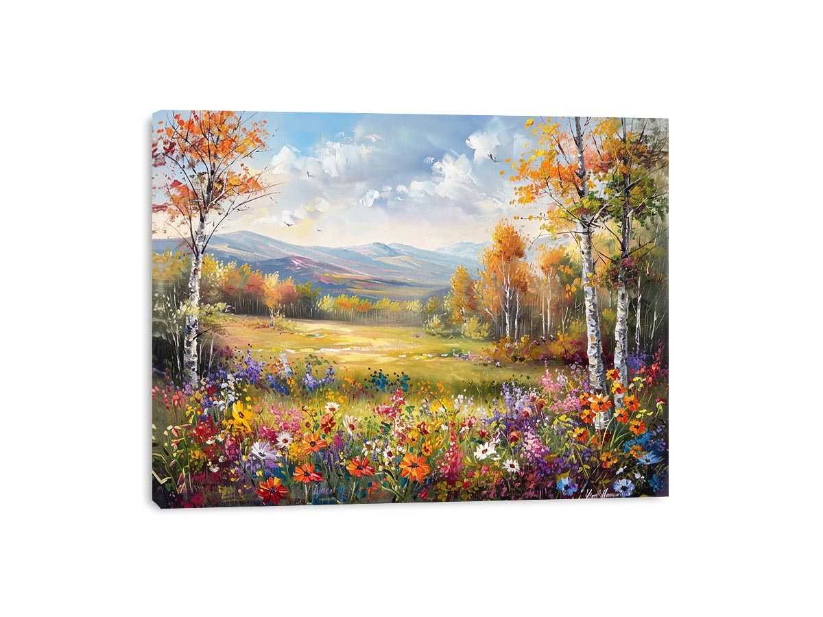 Autumn meadow landscape canvas art with wildflowers and mountains for elegant living room decor