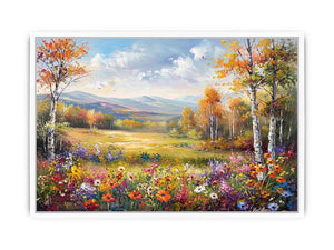 Autumn meadow landscape canvas art with wildflowers and mountains for elegant living room decor