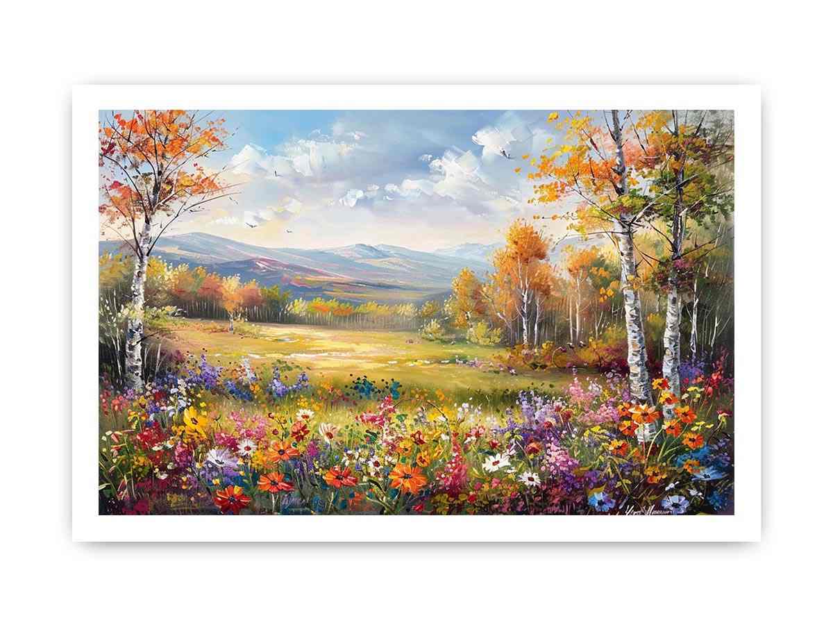 Autumn meadow landscape canvas art with wildflowers and mountains for elegant living room decor