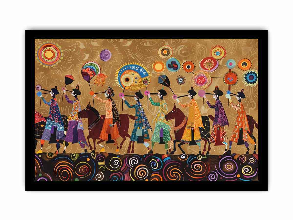 Colorful cultural procession canvas art with horses and folk patterns for statement wall decor