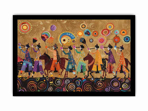 Colorful cultural procession canvas art with horses and folk patterns for statement wall decor