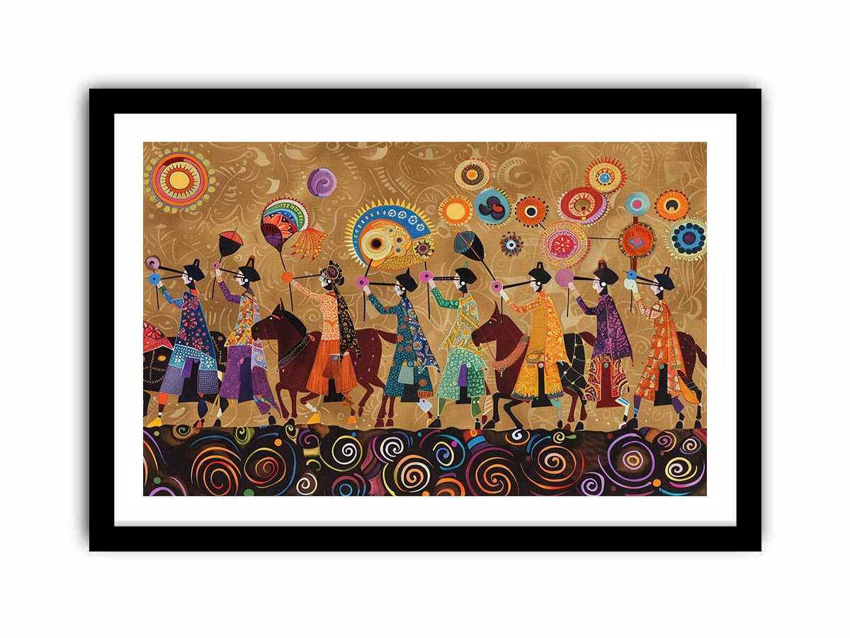 Colorful cultural procession canvas art with horses and folk patterns for statement wall decor