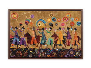 Colorful cultural procession canvas art with horses and folk patterns for statement wall decor