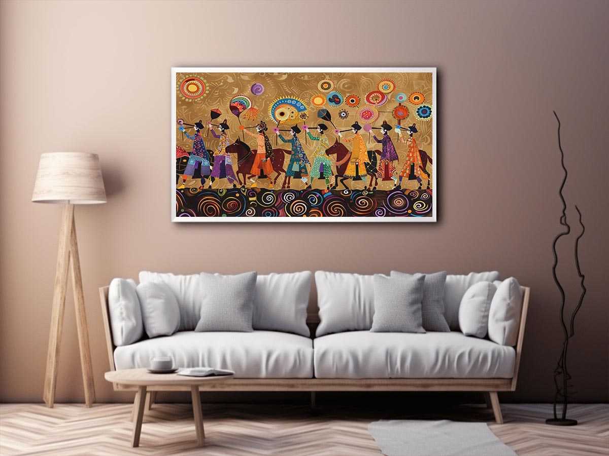 Colorful cultural procession canvas art with horses and folk patterns for statement wall decor