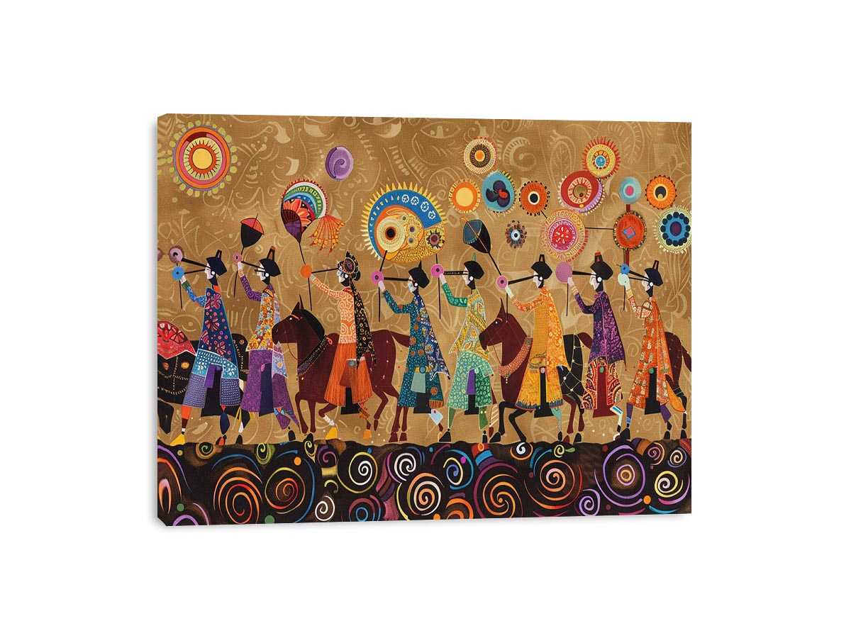 Colorful cultural procession canvas art with horses and folk patterns for statement wall decor
