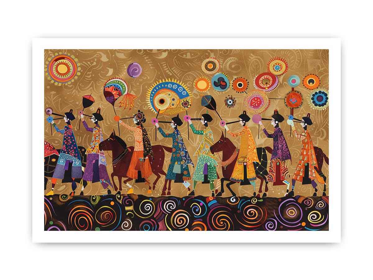 Colorful cultural procession canvas art with horses and folk patterns for statement wall decor