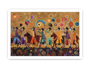 Colorful cultural procession canvas art with horses and folk patterns for statement wall decor