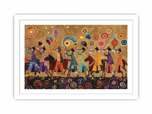 Colorful cultural procession canvas art with horses and folk patterns for statement wall decor