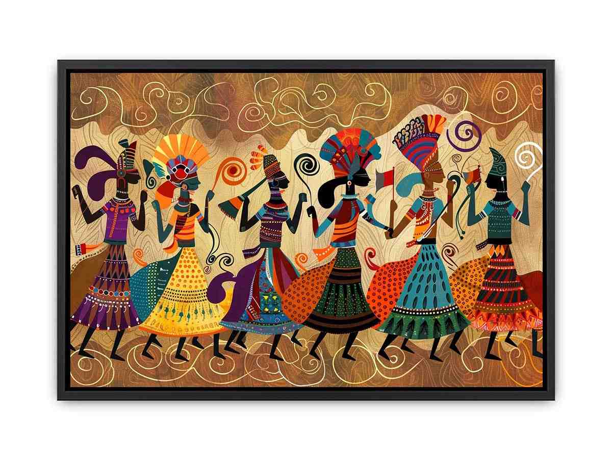 Colorful cultural dance artwork with patterned figures for modern living room decor