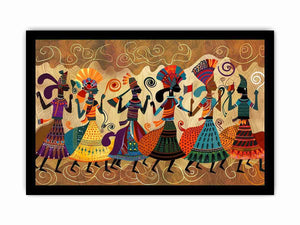 Colorful cultural dance artwork with patterned figures for modern living room decor