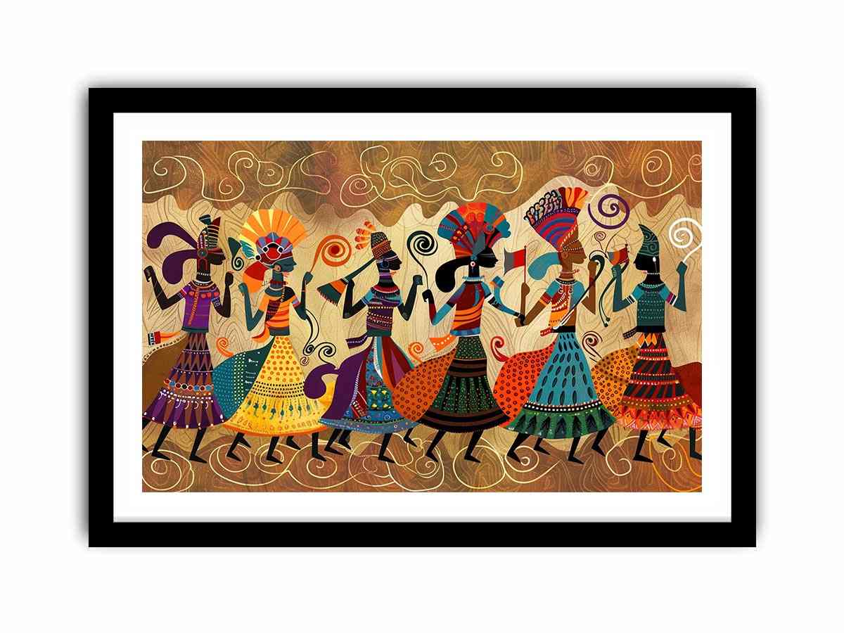 Colorful cultural dance artwork with patterned figures for modern living room decor