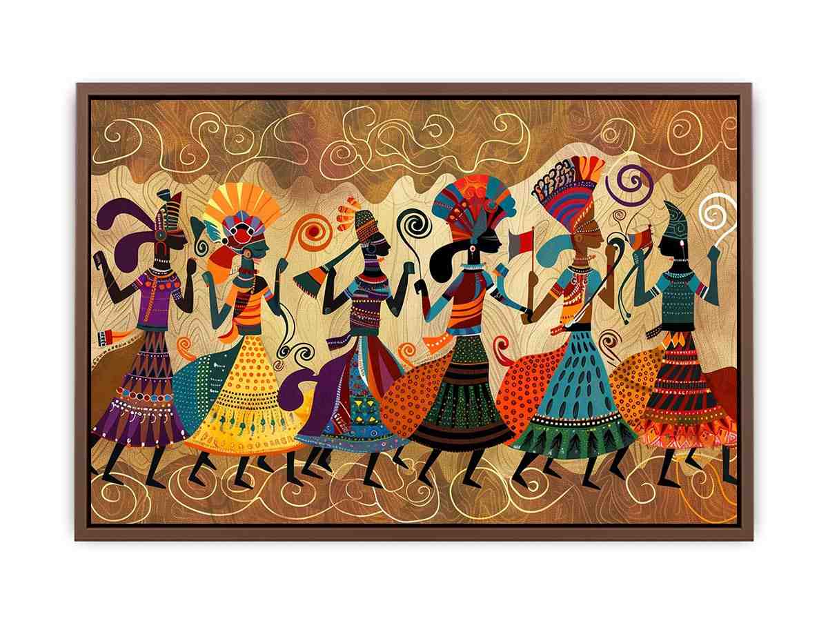 Colorful cultural dance artwork with patterned figures for modern living room decor