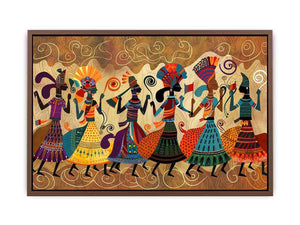 Colorful cultural dance artwork with patterned figures for modern living room decor