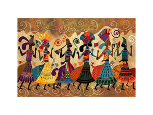 Colorful cultural dance artwork with patterned figures for modern living room decor