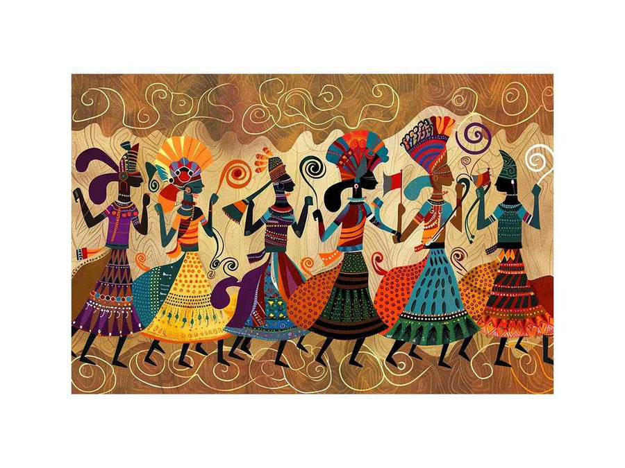 Colorful cultural dance artwork with patterned figures for modern living room decor