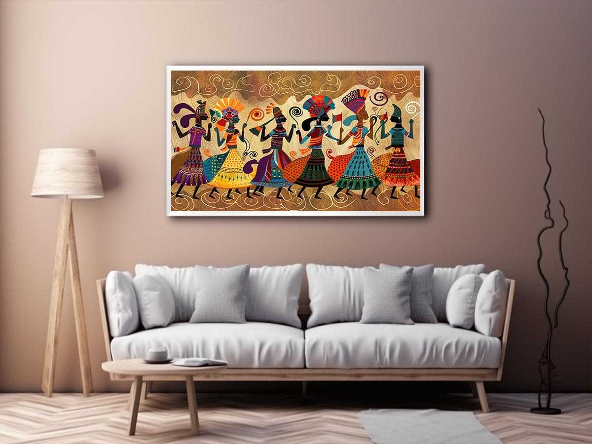 Colorful cultural dance artwork with patterned figures for modern living room decor
