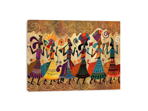 Colorful cultural dance artwork with patterned figures for modern living room decor