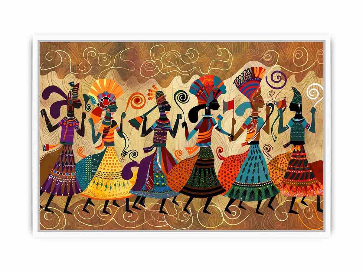 Colorful cultural dance artwork with patterned figures for modern living room decor