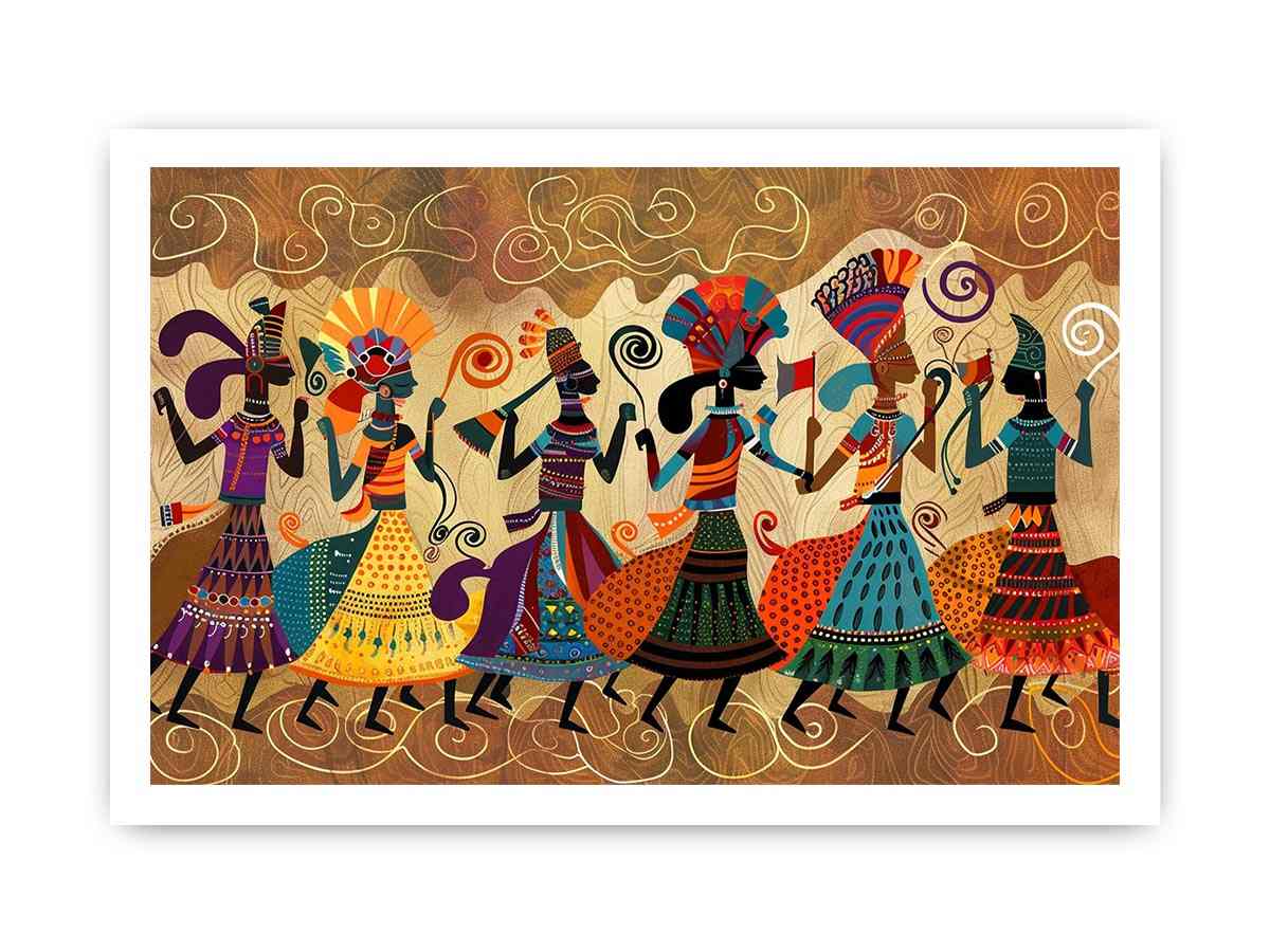Colorful cultural dance artwork with patterned figures for modern living room decor