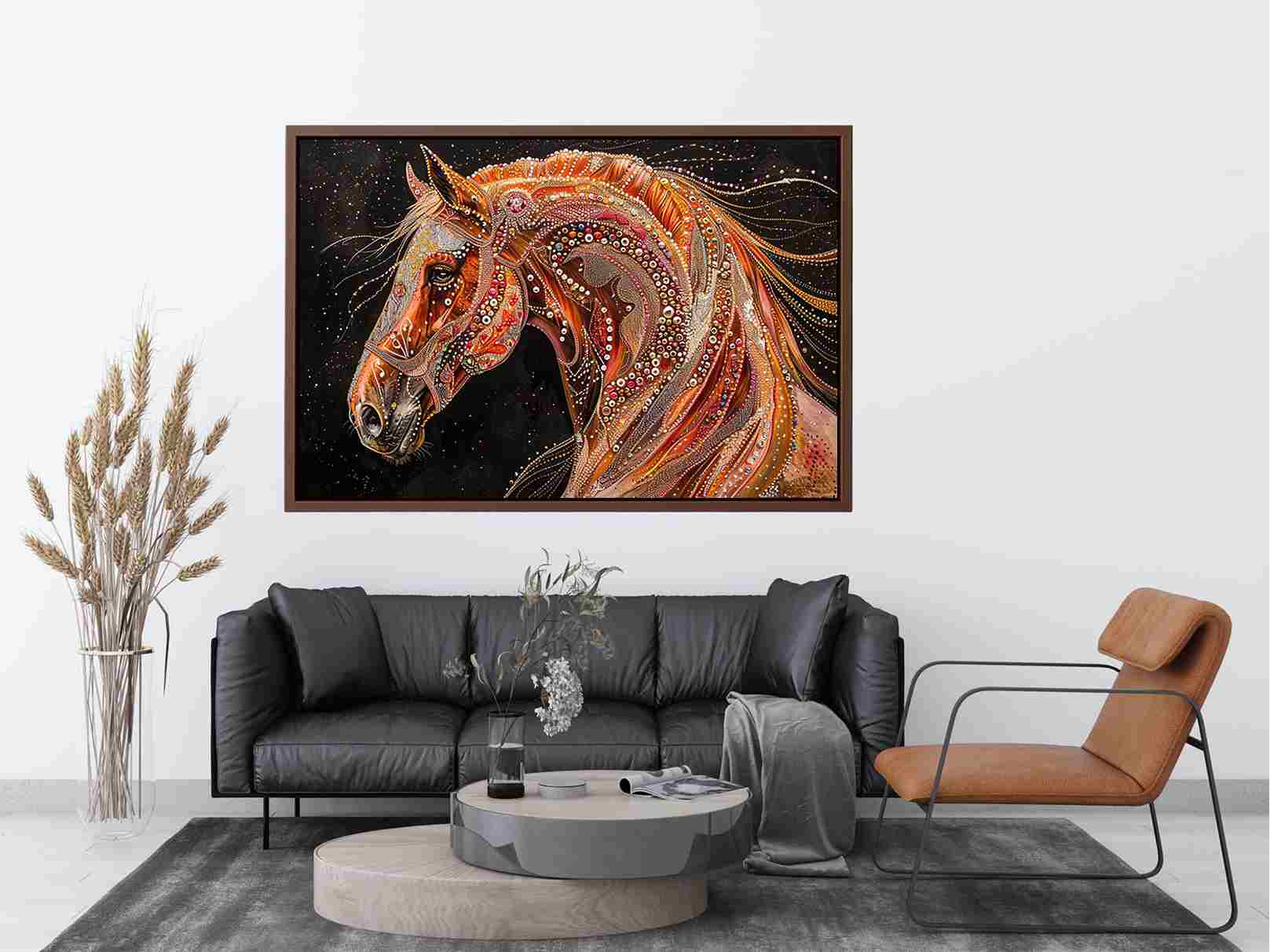 Decorative horse portrait canvas art with jeweled details for luxury interiors