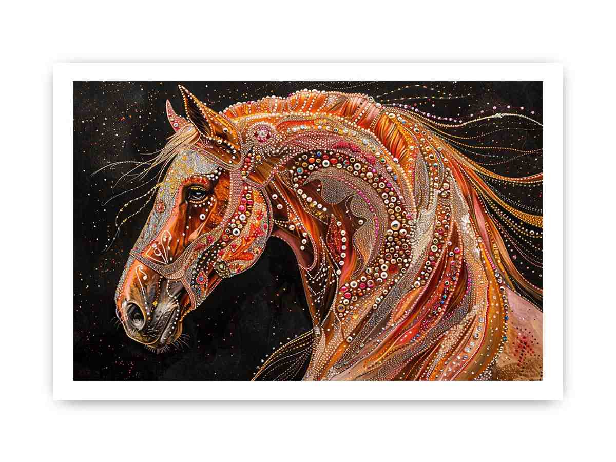 Decorative horse portrait canvas art with jeweled details for luxury interiors