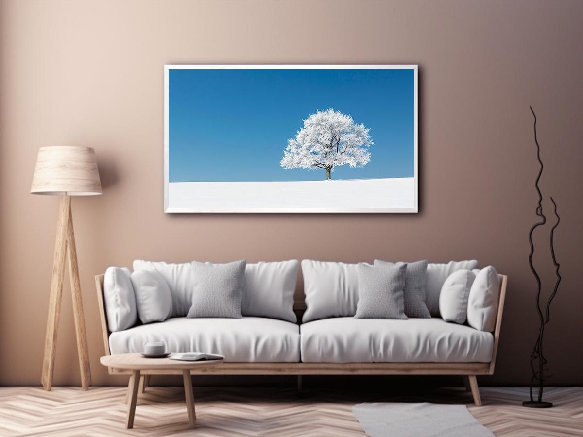 Minimal winter tree canvas art for serene modern living room decor