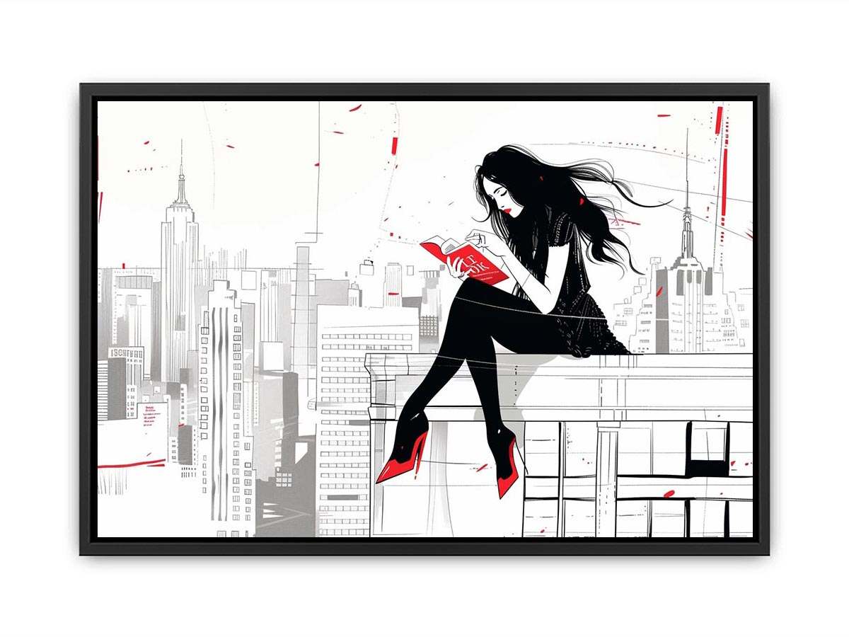 Fashion illustration wall art with red accents and city skyline for modern interiors