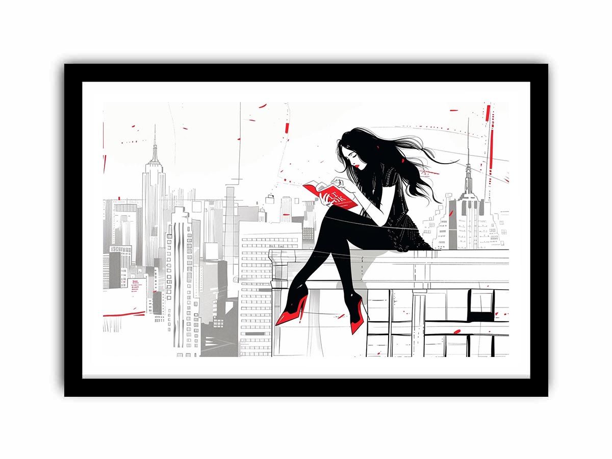 Fashion illustration wall art with red accents and city skyline for modern interiors