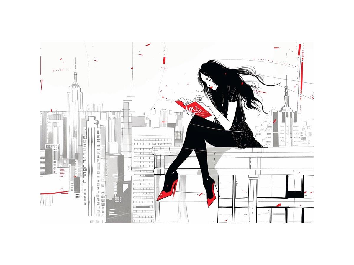 Fashion illustration wall art with red accents and city skyline for modern interiors