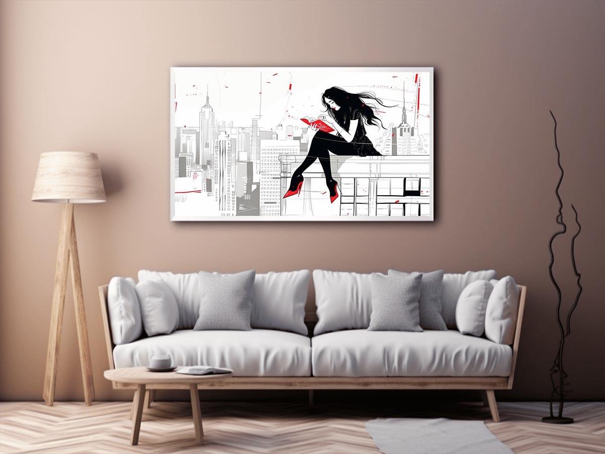 Fashion illustration wall art with red accents and city skyline for modern interiors