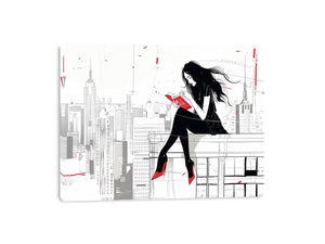 Fashion illustration wall art with red accents and city skyline for modern interiors