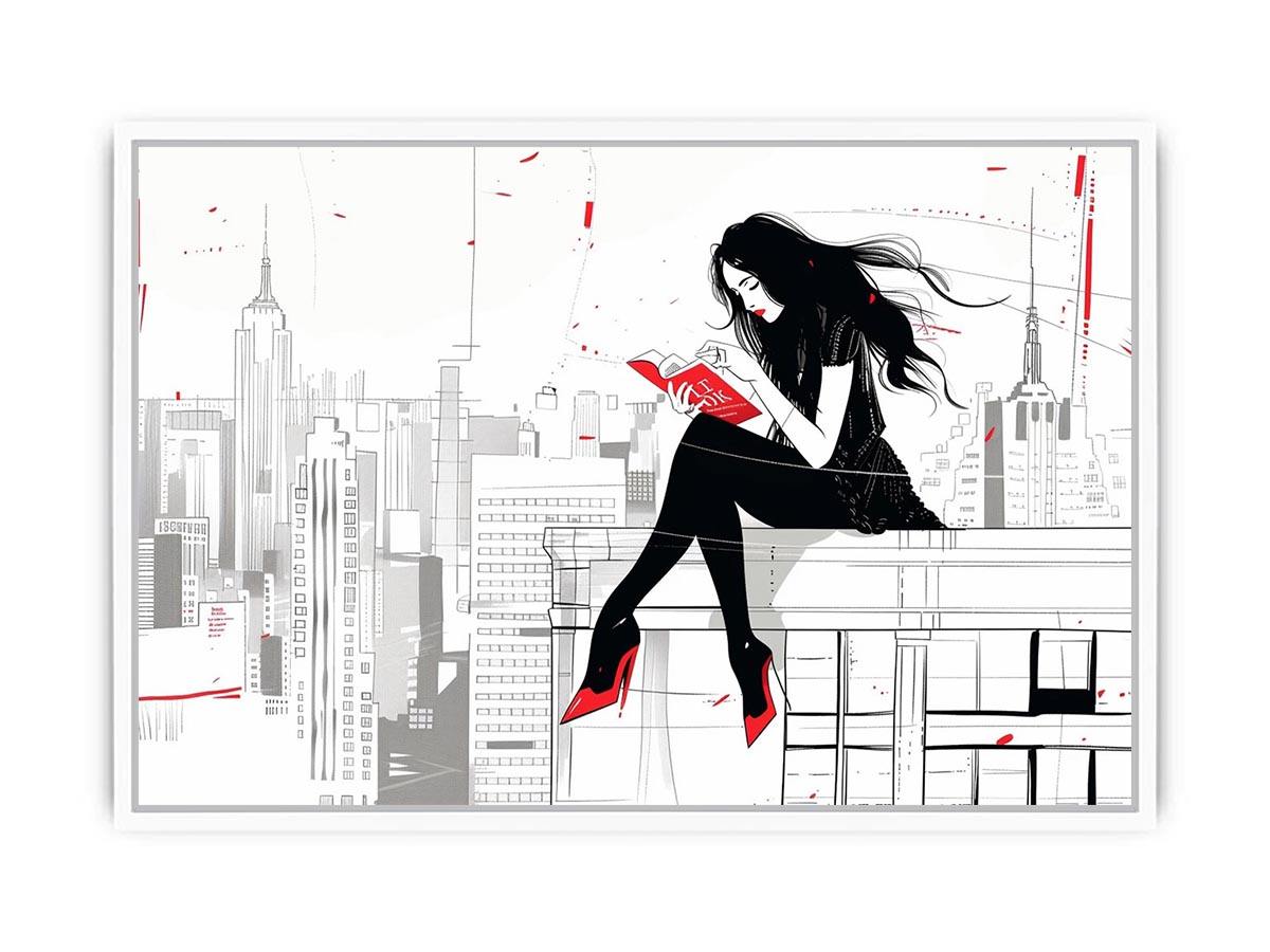 Fashion illustration wall art with red accents and city skyline for modern interiors