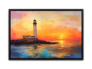Sunset lighthouse canvas art with ocean reflections for luxury coastal living room decor.