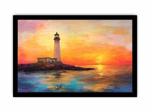 Sunset lighthouse canvas art with ocean reflections for luxury coastal living room decor.