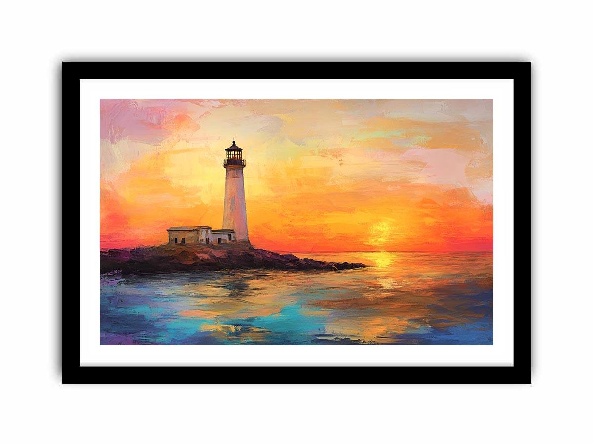 Sunset lighthouse canvas art with ocean reflections for luxury coastal living room decor.
