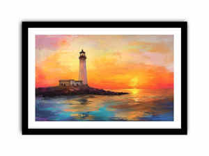 Sunset lighthouse canvas art with ocean reflections for luxury coastal living room decor.