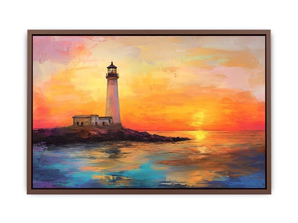 Sunset lighthouse canvas art with ocean reflections for luxury coastal living room decor.