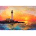 Sunset lighthouse canvas art with ocean reflections for luxury coastal living room decor.