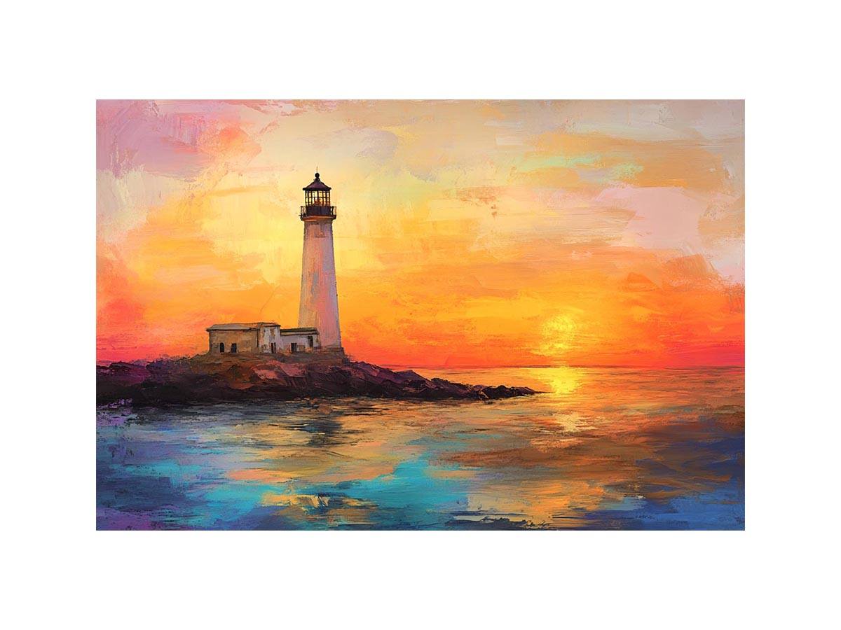 Sunset lighthouse canvas art with ocean reflections for luxury coastal living room decor.