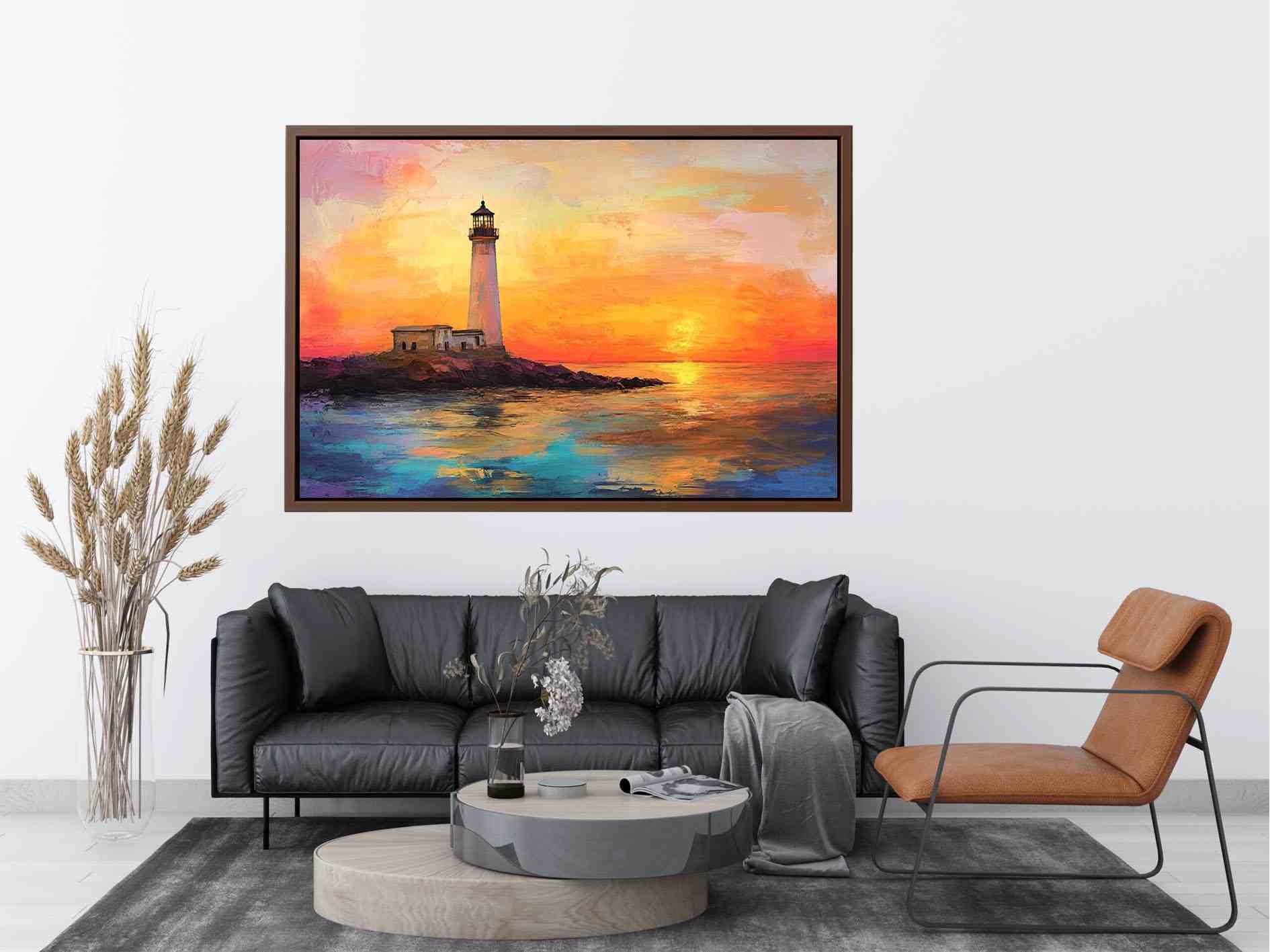 Sunset lighthouse canvas art with ocean reflections for luxury coastal living room decor.