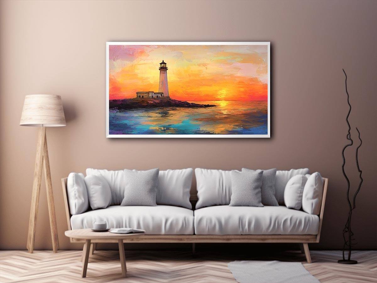 Sunset lighthouse canvas art with ocean reflections for luxury coastal living room decor.