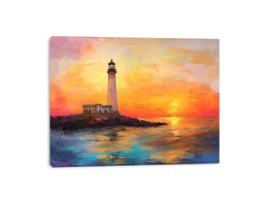 Sunset lighthouse canvas art with ocean reflections for luxury coastal living room decor.