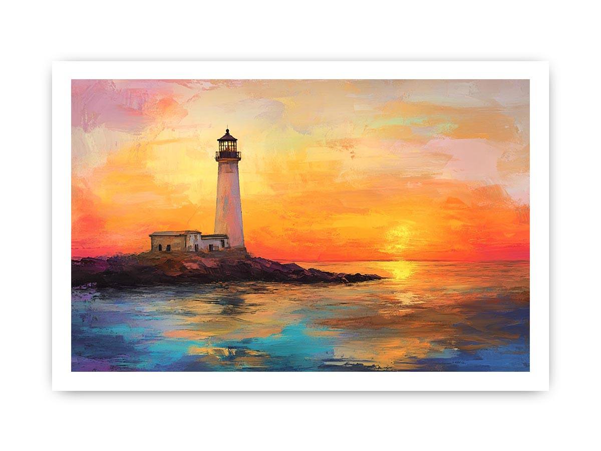 Sunset lighthouse canvas art with ocean reflections for luxury coastal living room decor.