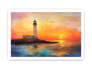 Sunset lighthouse canvas art with ocean reflections for luxury coastal living room decor.