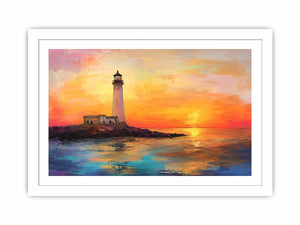 Sunset lighthouse canvas art with ocean reflections for luxury coastal living room decor.