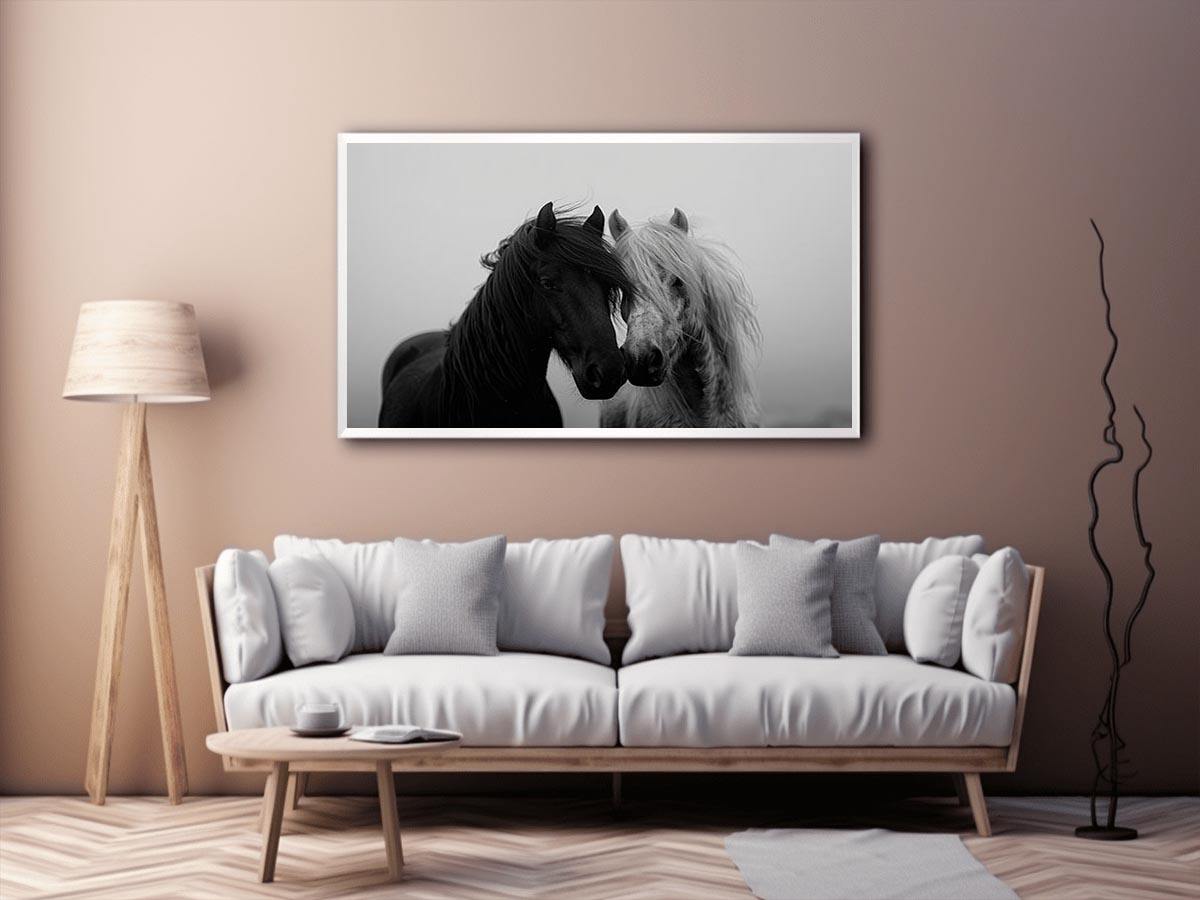 Black and white horse portrait artwork for elegant home decor