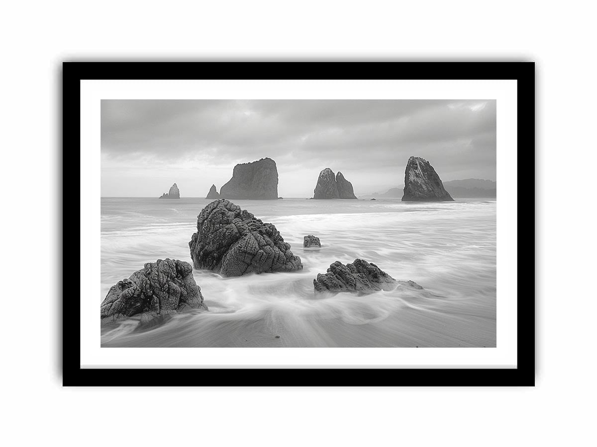 Black and white coastal landscape photography for serene living room decor
