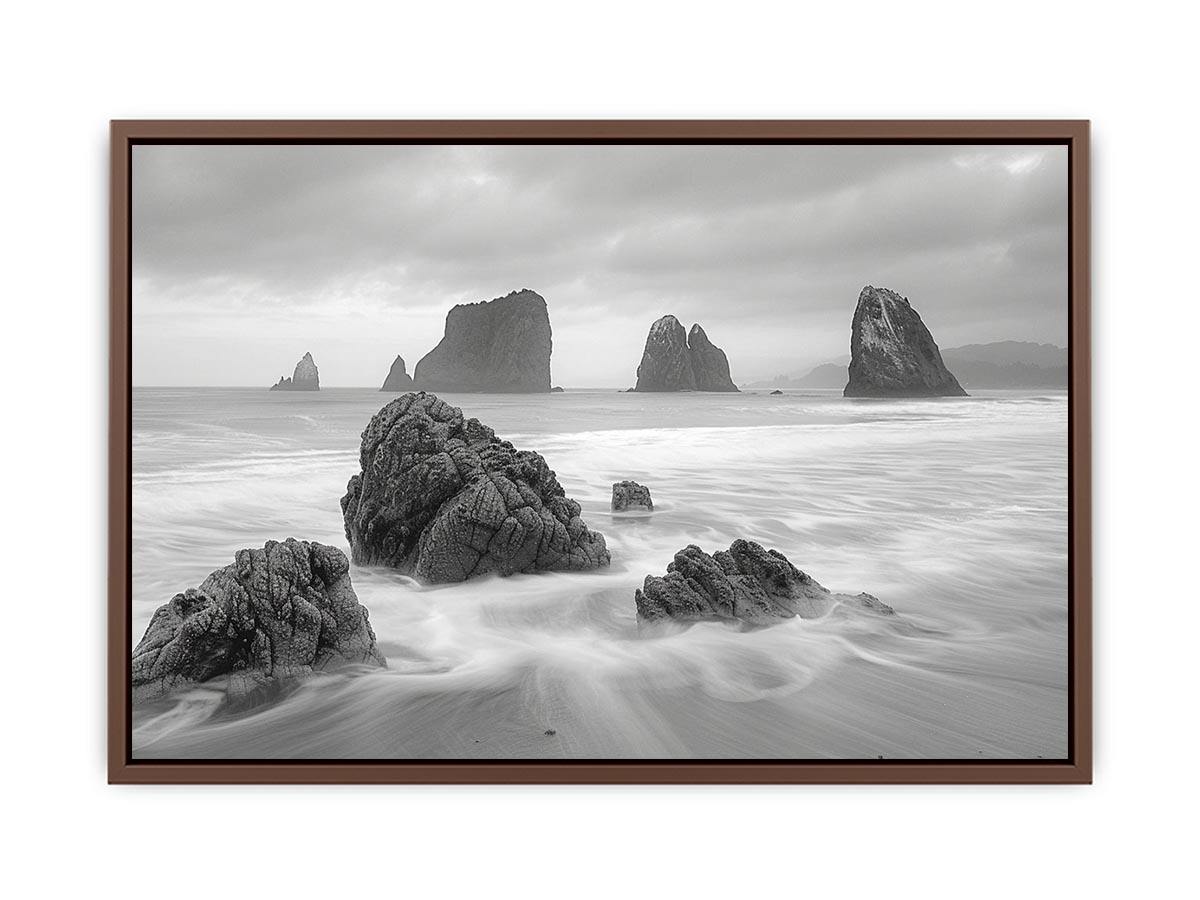 Black and white coastal landscape photography for serene living room decor
